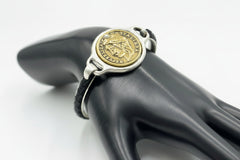 Patricia Nash World Coin Braided Black Leather Silvertone Bangle Bracelet. 6-3/4