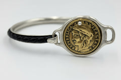 Patricia Nash World Coin Braided Black Leather Silvertone Bangle Bracelet. 6-3/4