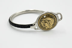 Patricia Nash World Coin Braided Black Leather Silvertone Bangle Bracelet. 6-3/4