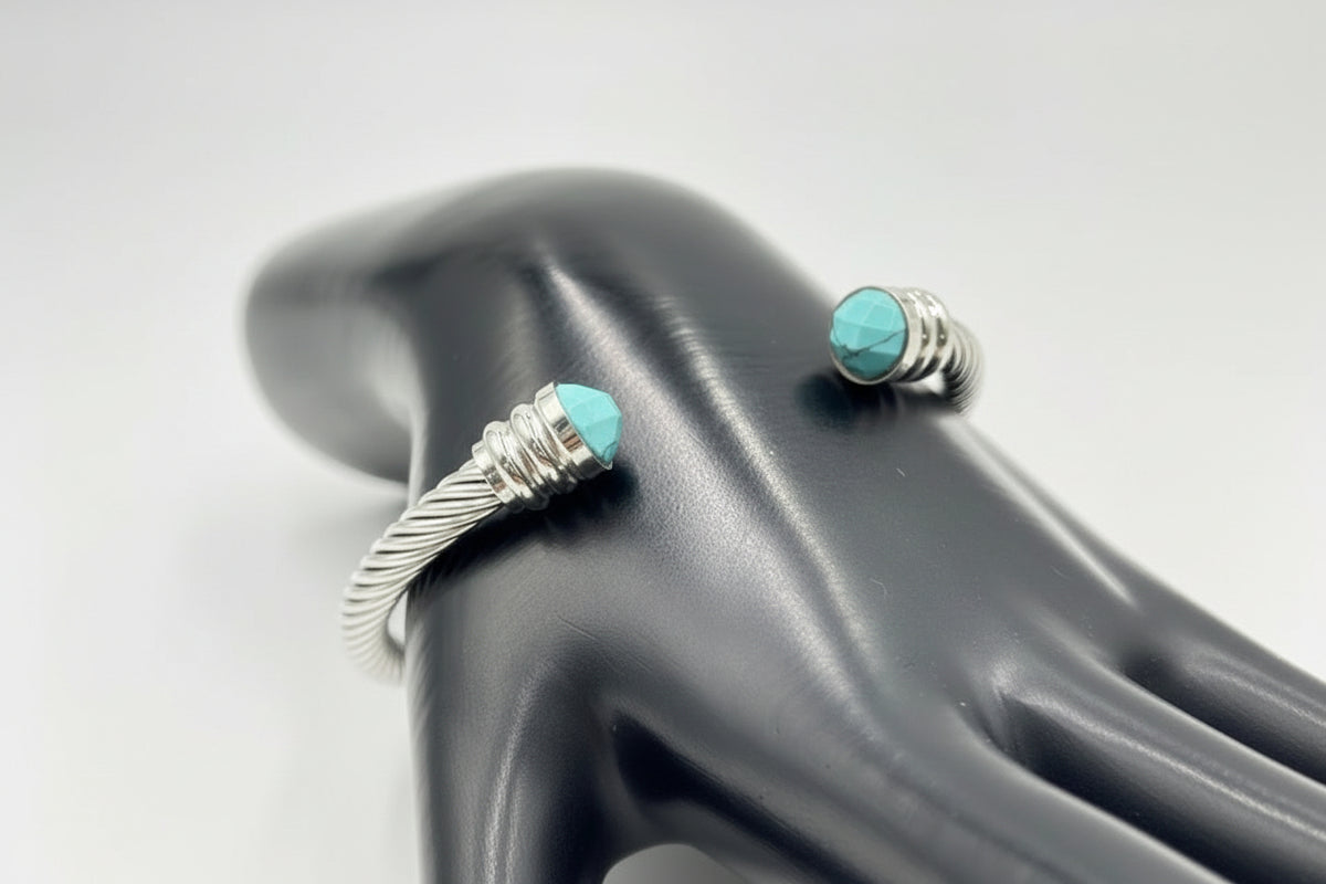 HSN Stainless Steel Faceted Cabochon Turquoise Twisted Cable Bracelet, 7"