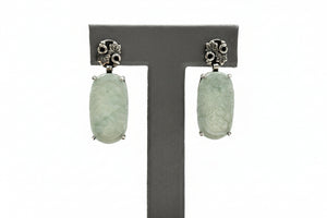 Jade of Yesteryear Sterling Silver Floral Carved Green Jade Drop Earrings