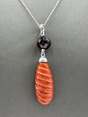 Jade Of Yesteryear Sterling Silver Carved Red Jade & Faceted Garnet Necklace 18"