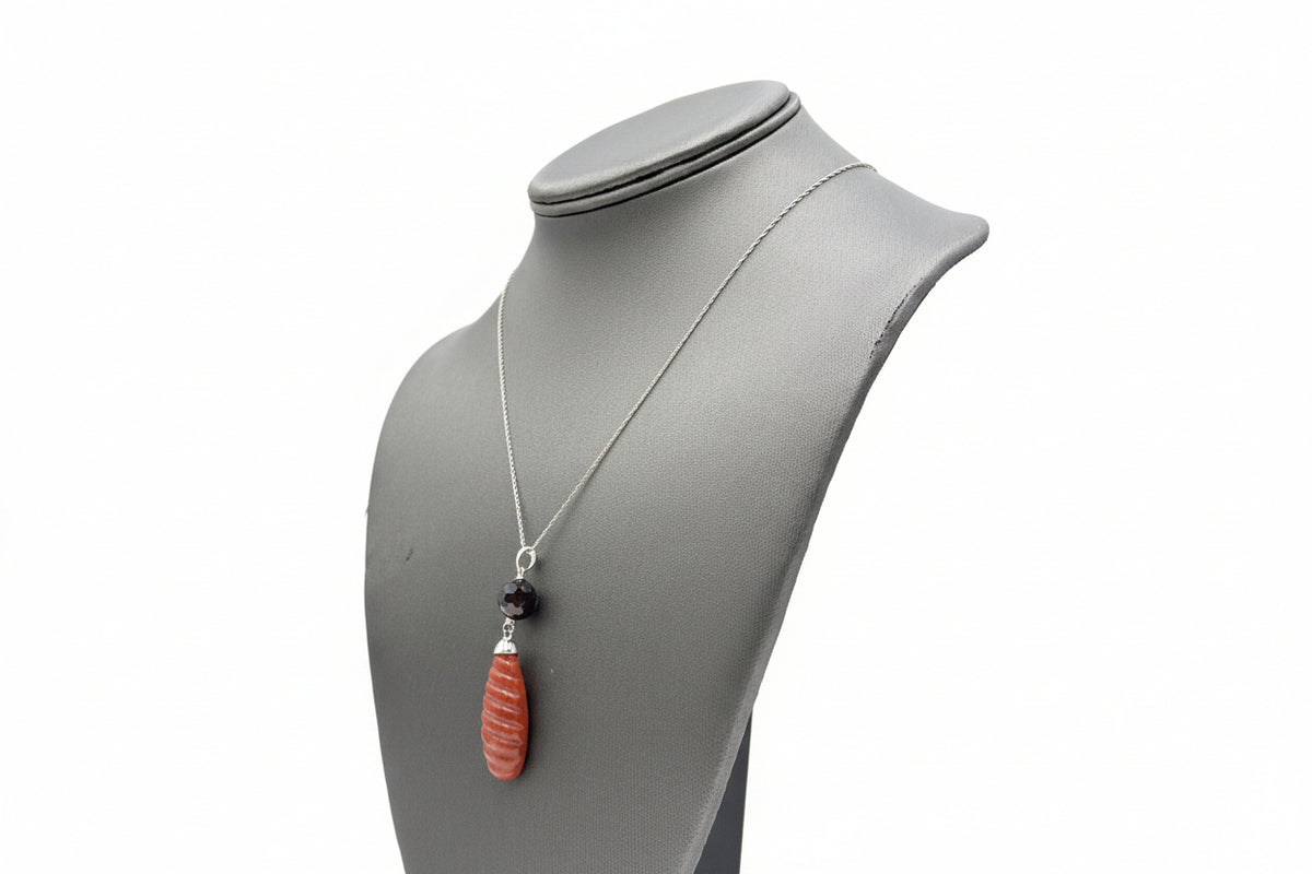 Jade Of Yesteryear Sterling Silver Carved Red Jade & Faceted Garnet Necklace 18"