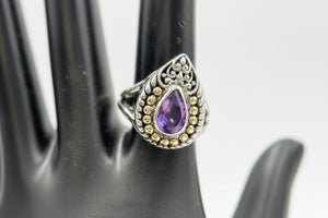 Bali RoManse Sterling Silver & 18k Pear Amethyst Cocktail Ring Size 7