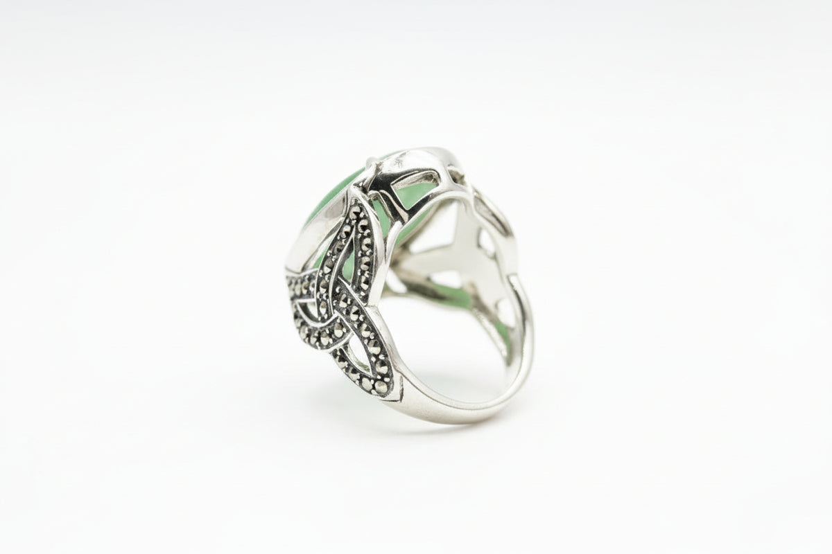 Solvar Sterling Silver Green Aventurine with Marcasite Ring, Size 6