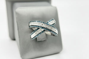 HSN Sterling Silver Blue & White Diamond "X" Ring. Size 6