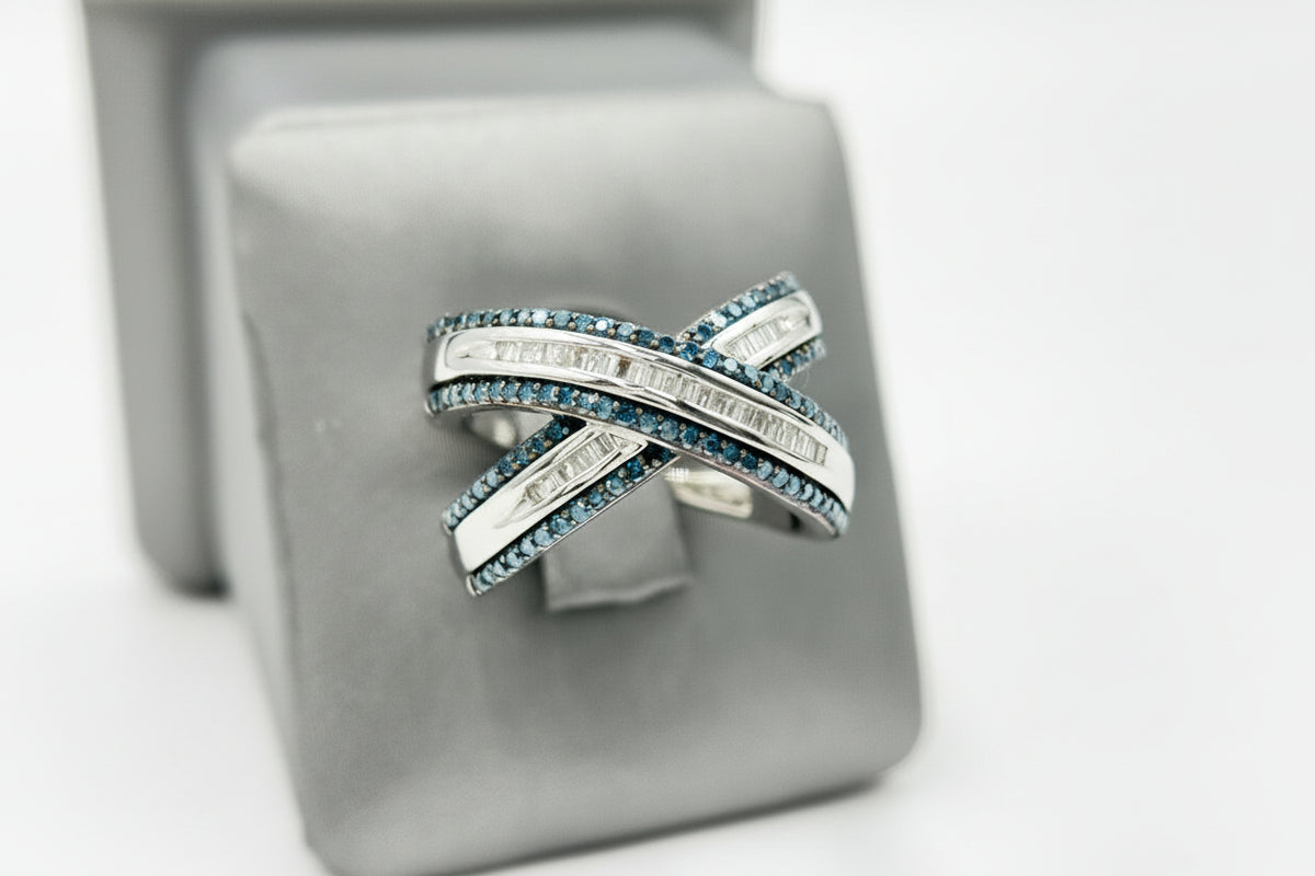 HSN Sterling Silver Blue & White Diamond "X" Ring. Size 6