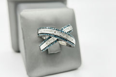HSN Sterling Silver Blue & White Diamond "X" Ring. Size 6