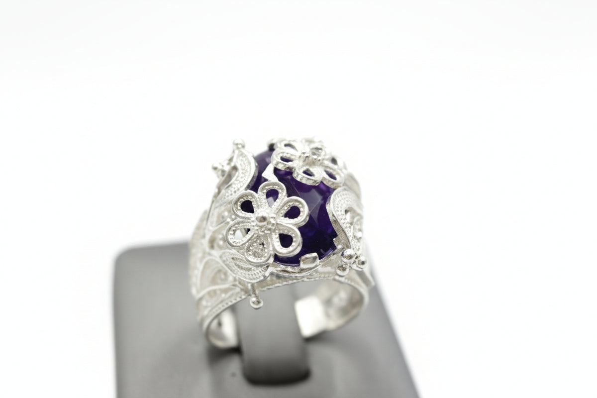 Ottoman Silver Bold Amethyst Wrapped Filigree Ring, Size 10