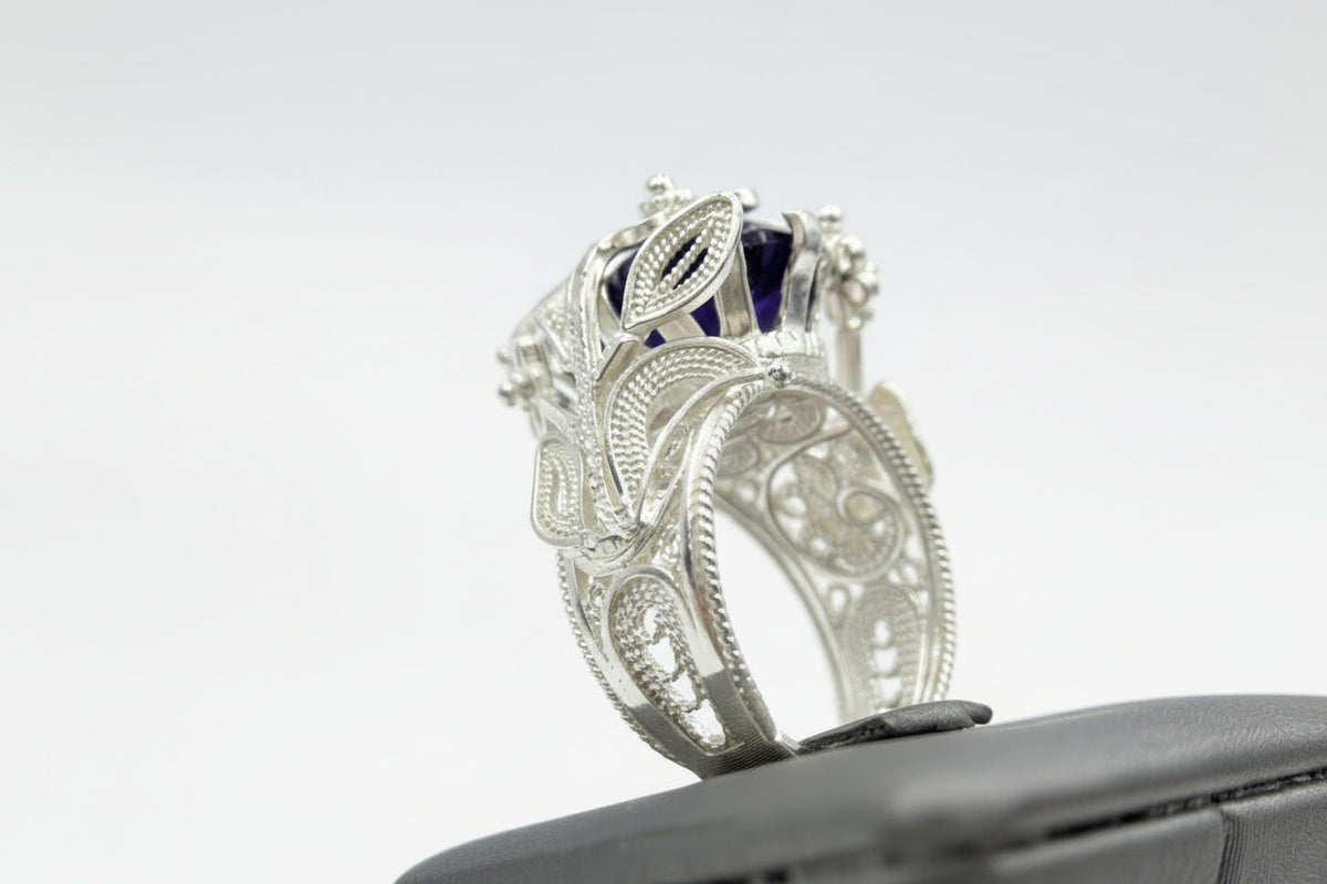 Ottoman Silver Bold Amethyst Wrapped Filigree Ring, Size 8