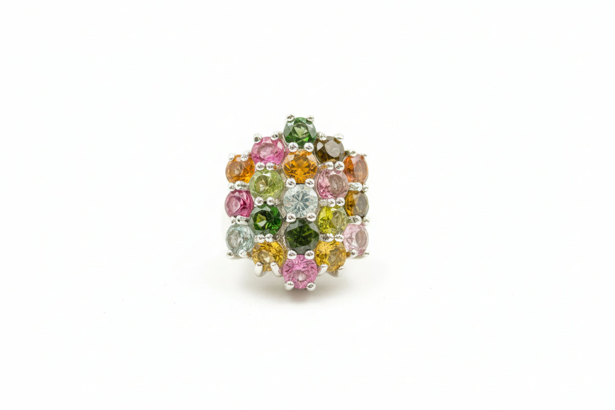 Colleen Lopez Sterling Silver Multicolor Tourmaline Cluster Ring, Size 7