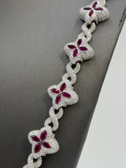 Duhaas Sterling Silver 925 Clover Chain Necklace 24” | 18mm Wide | DEF VVS Moissanite ~60 CTW | 97.4g Solid Silver | Luxury Ruby Red Marquise Cz's | Iced Floral Link Statement Necklace