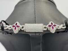 Duhaas Sterling Silver 925 Clover Chain Necklace 24” | 18mm Wide | DEF VVS Moissanite ~60 CTW | 97.4g Solid Silver | Luxury Ruby Red Marquise Cz's | Iced Floral Link Statement Necklace