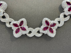 Duhaas Sterling Silver 925 Clover Chain Necklace 24” | 18mm Wide | DEF VVS Moissanite ~60 CTW | 97.4g Solid Silver | Luxury Ruby Red Marquise Cz's | Iced Floral Link Statement Necklace