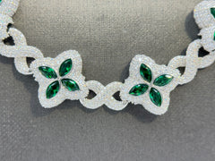 Duhaas Sterling Silver 925 Clover Infinity Chain Necklace 22” | 18mm Wide | DEF VVS Moissanite Pavé ~54 CTW | Emerald Green CZ Marquise Accents | 89.4g Solid Silver Statement Necklace