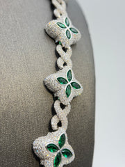 Duhaas Sterling Silver 925 Clover Infinity Chain Necklace 22” | 18mm Wide | DEF VVS Moissanite Pavé ~54 CTW | Emerald Green CZ Marquise Accents | 89.4g Solid Silver Statement Necklace