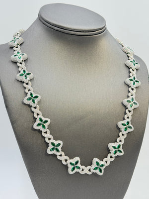 Duhaas Sterling Silver 925 Clover Infinity Chain Necklace 22” | 18mm Wide | DEF VVS Moissanite Pavé ~54 CTW | Emerald Green CZ Marquise Accents | 89.4g Solid Silver Statement Necklace