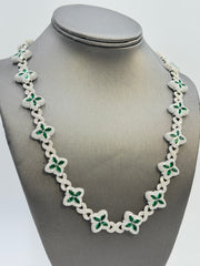 Duhaas Sterling Silver 925 Clover Infinity Chain Necklace 22” | 18mm Wide | DEF VVS Moissanite Pavé ~54 CTW | Emerald Green CZ Marquise Accents | 89.4g Solid Silver Statement Necklace