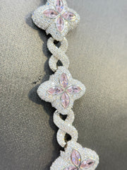 Duhaas Sterling Silver 925 Clover Infinity Chain Necklace 22” | 18mm Wide | DEF VVS Moissanite Pavé ~54 CTW | Pink Tourmaline CZ Marquise Accents | 91.2g Solid Silver Statement Necklace