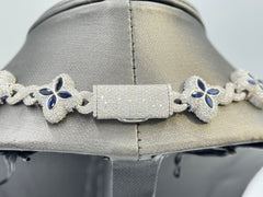 Duhaas Sterling Silver 925 Clover Infinity Chain Necklace 22” | 18mm Wide | DEF VVS Moissanite Pavé ~54 CTW | Blue Sapphire CZ Marquise Accents | 91.2g Solid Silver Statement Necklace