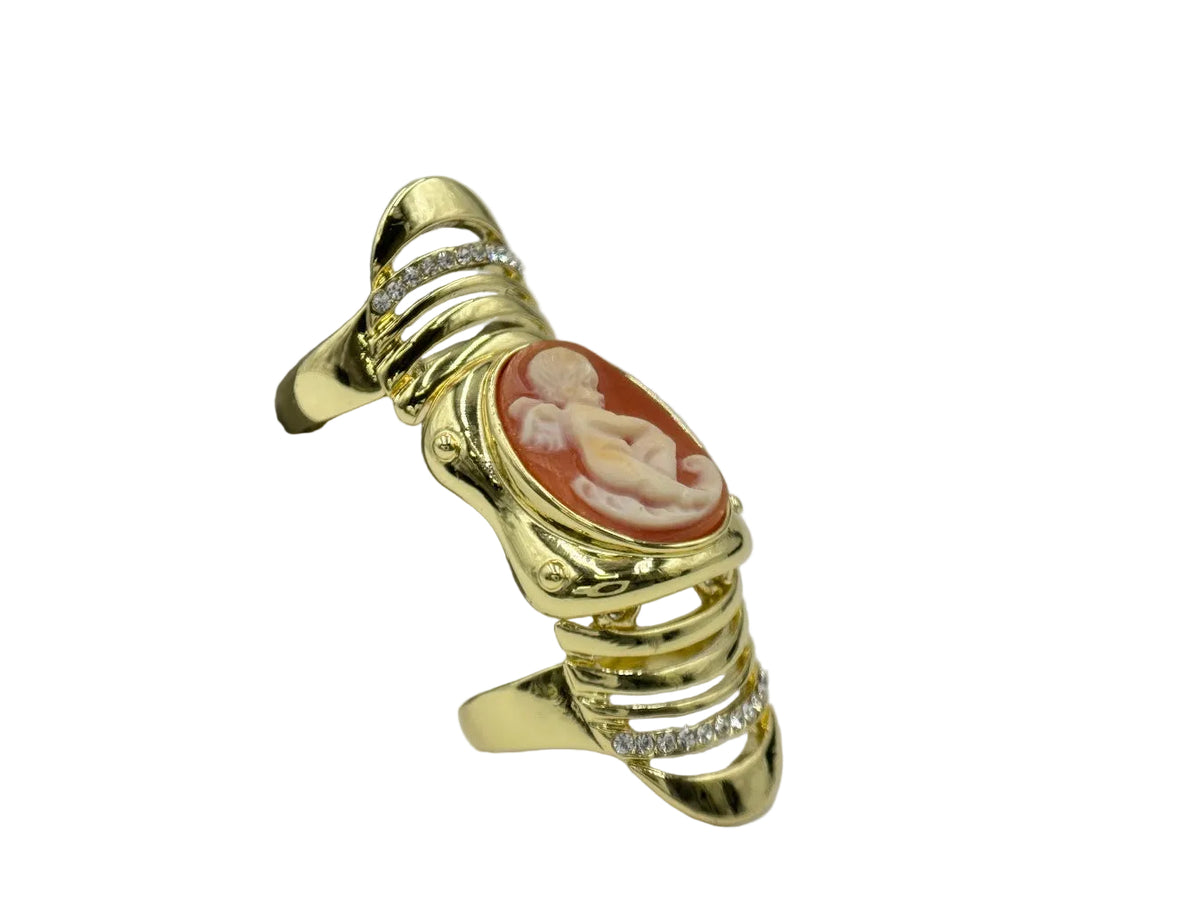 AMEDEO 20mm Cameo Crystal Goldtone Knuckle Ring, Size 7