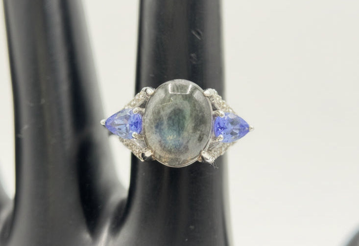 Paul Deasy Sterling Silver Oval Labradorite, Tanzanite & White Zircon Ring. Size 10
