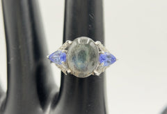 Paul Deasy Sterling Silver Oval Labradorite, Tanzanite & White Zircon Ring. Size 10