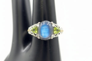 Artisan Crafted Sterling Silver Labradorite & Peridot Three Stone Ring Size 10