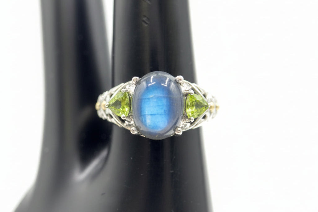 Artisan Crafted Sterling Silver Labradorite & Peridot Three Stone Ring Size 10