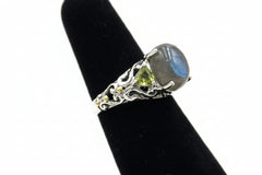Artisan Crafted Sterling Silver Labradorite & Peridot Three Stone Ring Size 10