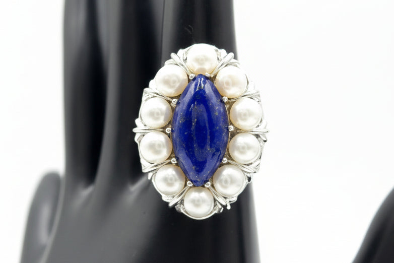 Sterling Silver Lapis & Cultured Pearl Gemstone Ring, Size 6