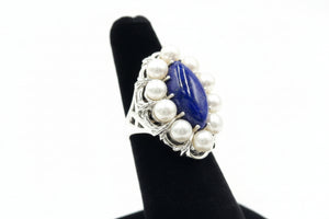 QVC Sterling Silver Marquise Lapis & Cultured Pearl Ring, Size 9