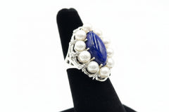 Sterling Silver Lapis & Cultured Pearl Gemstone Ring, Size 6