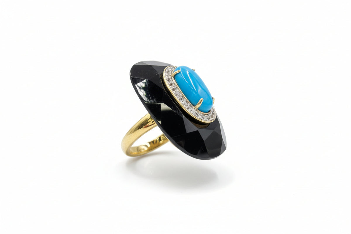Rarities Sterling Silver Goldclad Faceted Onyx, Turquoise & White Zircon Oval Ring, Size 6