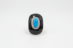 Rarities Sterling Silver Goldclad Faceted Onyx, Turquoise & White Zircon Oval Ring, Size 6