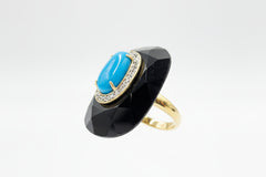 Rarities Sterling Silver Goldclad Faceted Onyx, Turquoise & White Zircon Oval Ring, Size 6
