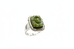 Jade of Yesteryear Sterling Silver Flower Carved Dark Green Jade Ring, Size 10