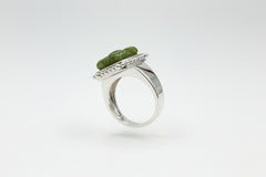 Jade of Yesteryear Sterling Silver Flower Carved Dark Green Jade Ring, Size 10