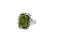 Jade of Yesteryear Sterling Silver Flower Carved Dark Green Jade Ring, Size 10