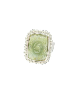 Jade of Yesteryear Sterling Silver Flower Carved Dark Green Jade Ring, Size 10