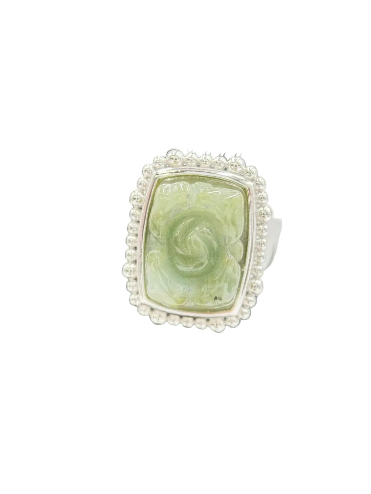 Jade of Yesteryear Sterling Silver Flower Carved Dark Green Jade Ring, Size 10