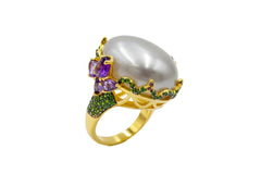 Colleen Lopez Sterling Silver Goldclad Moonstone, Chrome Diopside & Amethyst Ring, Size 7