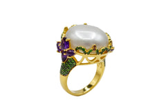 Colleen Lopez Sterling Silver Goldclad Moonstone, Chrome Diopside & Amethyst Ring, Size 7