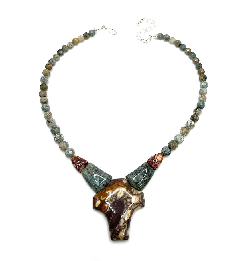 Jay King Shitake Cross Bib Beaded Sterling Silver Gemstone Necklace 18"