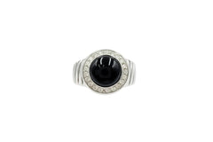 Colleen Lopez Black Onyx Cabochon & White Topaz Halo Silvertone Ring Size 6
