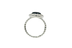 Colleen Lopez Black Onyx Cabochon & White Topaz Halo Silvertone Ring Size 6