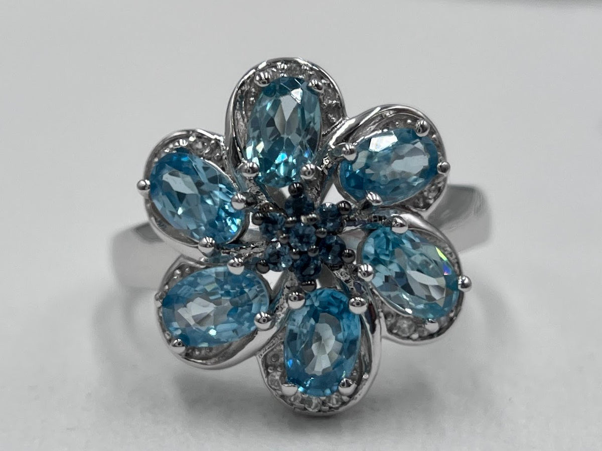 Six Petal Flower Blue Topaz & Zircon Statement Ring – Sterling Silver, Size 5