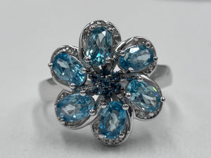 Six Petal Flower Blue Topaz & Zircon Statement Ring – Sterling Silver, Size 9