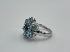 Six Petal Flower Blue Topaz & Zircon Statement Ring – Sterling Silver, Size 10