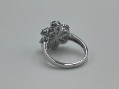 Six Petal Flower Blue Topaz & Zircon Statement Ring – Sterling Silver, Size 9